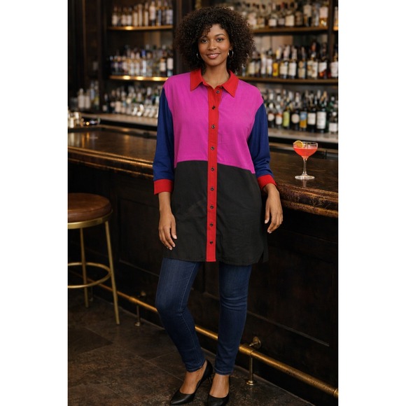 Vintage 90s Carol Little Colorblock Button Front Shirt Dress ArtwearSize 8  - greenwatershopping.com